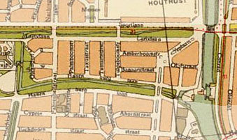Een plattegrond van het gebied uit 1933. Wat hier helder is weergegeven is tijdens de bezetting allemaal tegen de vlakte gegaan.