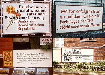 Soms redelijk vormgegeven, soms vrij onbeholpen geschilderd, zodat er noodgedwongen moet worden afgekort. Soms een lege, holle mond vol, en soms juist kort maar krachtig, maar voor mensen uit het westen niet bepaald sympathiek overkomend. De Oostduitse leuzen - even alomvertegenwoordigd als onze reclame - kenden vele verschijningsvormen.