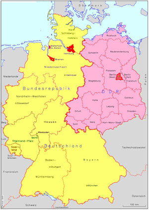 De DDR op een kaart uit 1961. Ten opzichte van West-Duitsland was de DDR opmerkelijk kleiner, maar behelsde wel veel meer dan alleen Oost-Berlijn...