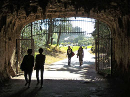 Een onderdoorgang aan het begin van onze wandeling door het park