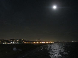 We verlaten op onze laatste avond de pier en werpen een blik op het strand bij volle maan.