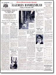 De front van het Algemeen Handelsblad van 11 november 1938. Opmerkelijk is dat zowel in de lead als in het begeleidend kater Joseph Goebbels wordt beschouwd als degene die weer rust in de tent wil, terwijl het omgekeerde het geval was: Goebbels was juist het brein achter deze pogrom.