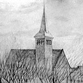 Bij mijn moeder langs de trap hing ook een tekening van het kerkje. Na haar overlijden heb ik die niet meer terug kunnen vinden. Maar bij toeval trof ik een foto van deze houtskooltekening aan tussen mijn negatieven uit 1982.