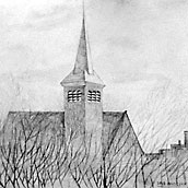 Bij mijn moeder langs de trap hing ook een tekening van het kerkje. Na haar overlijden heb ik die niet meer terug kunnen vinden. Maar bij toeval trof ik een foto van deze houtskooltekening aan tussen mijn negatieven uit 1982.